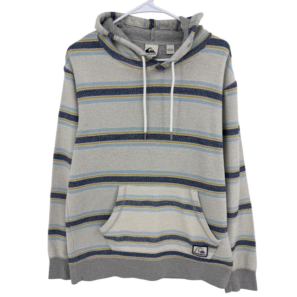 Quiksilver Mens Striped Hoodie Grey Blue Yellow Pullover Sweatshirt Large